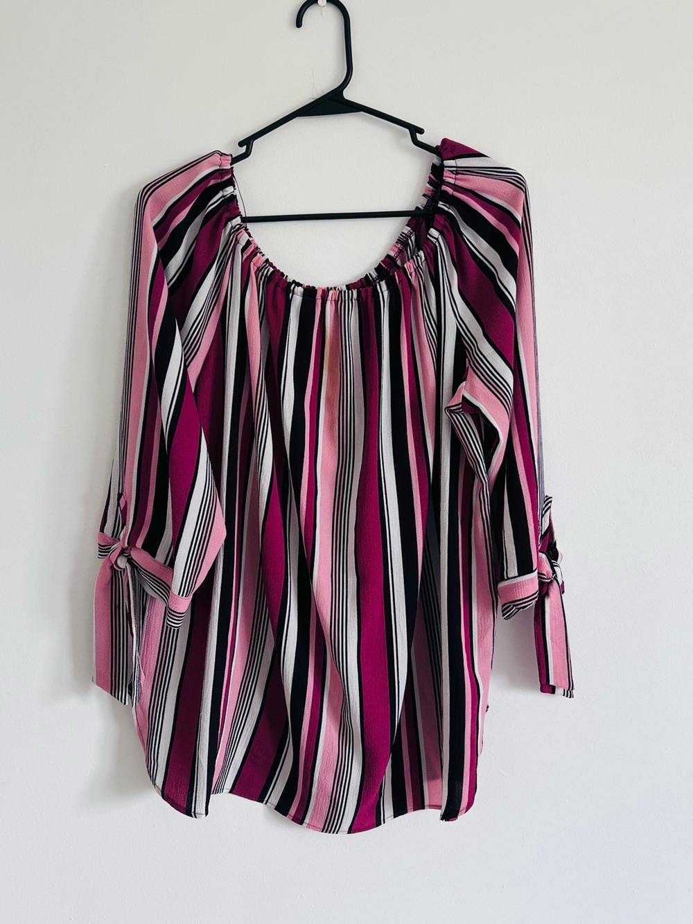 Misia Pink, Black and White Striped Off-Shoulder Blouse